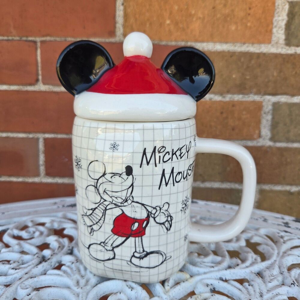 Disney Mickey Mouse Christmas Sketchbook Lidded Mug Zrike Santa Hat 17 Oz